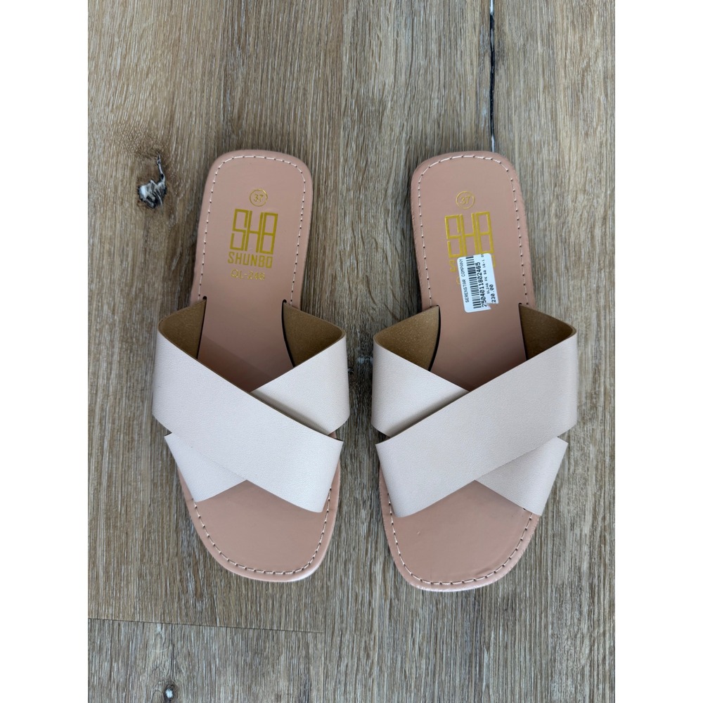 Shunbo Minimalist Slide Sandals Women 37 Nude Crisscross Faux Leather Flat
